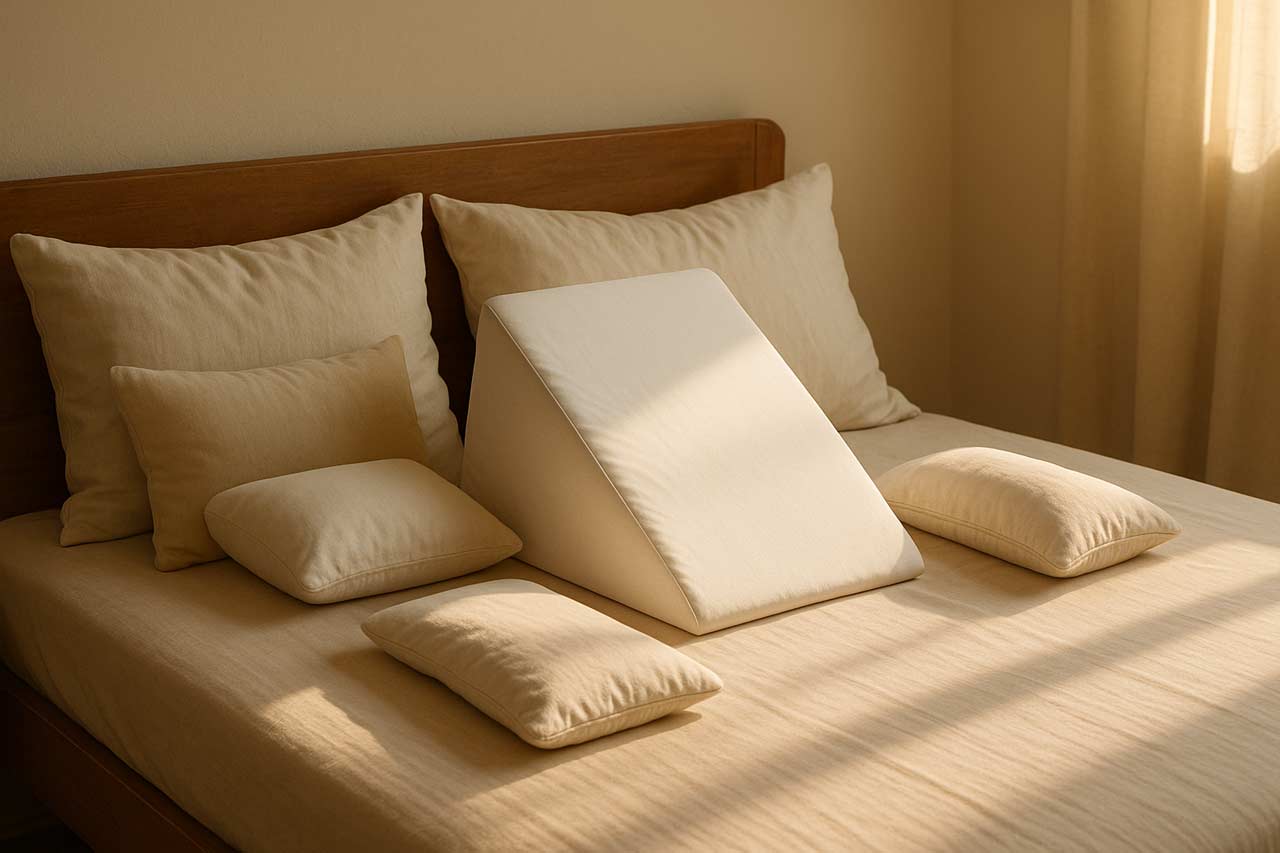 Person supported with cushions to reduce pressure