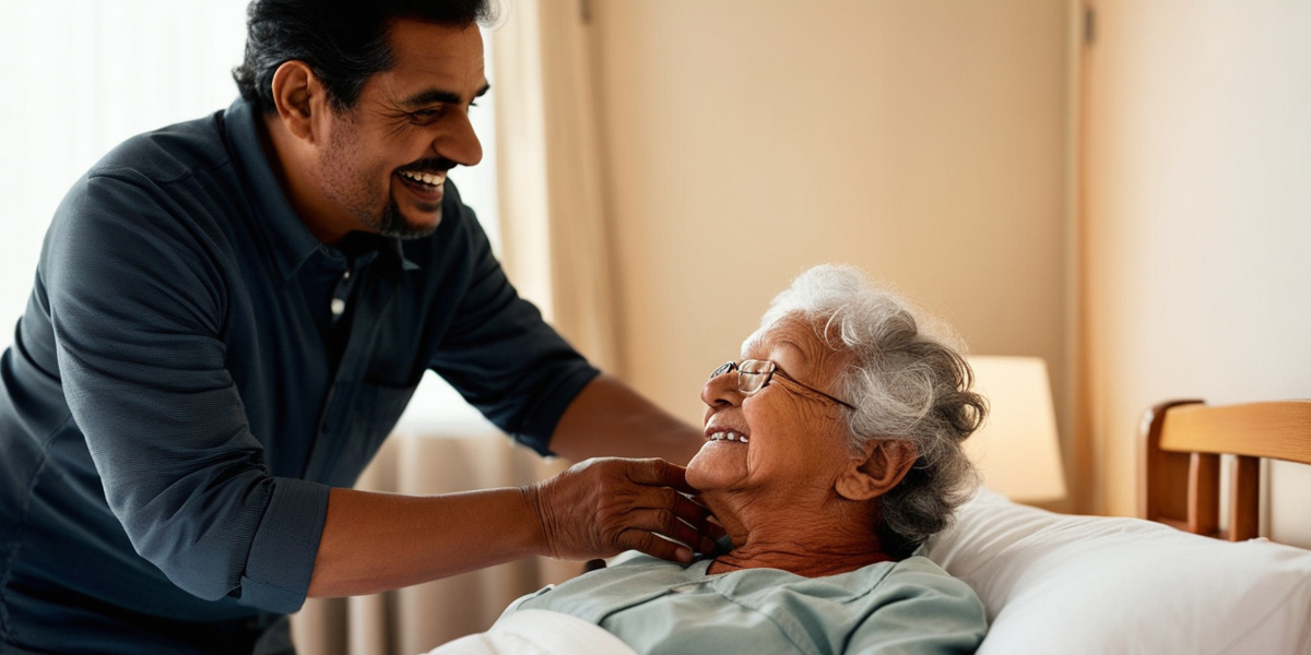 A gentle skin check being carried out to look for early signs of pressure sores.