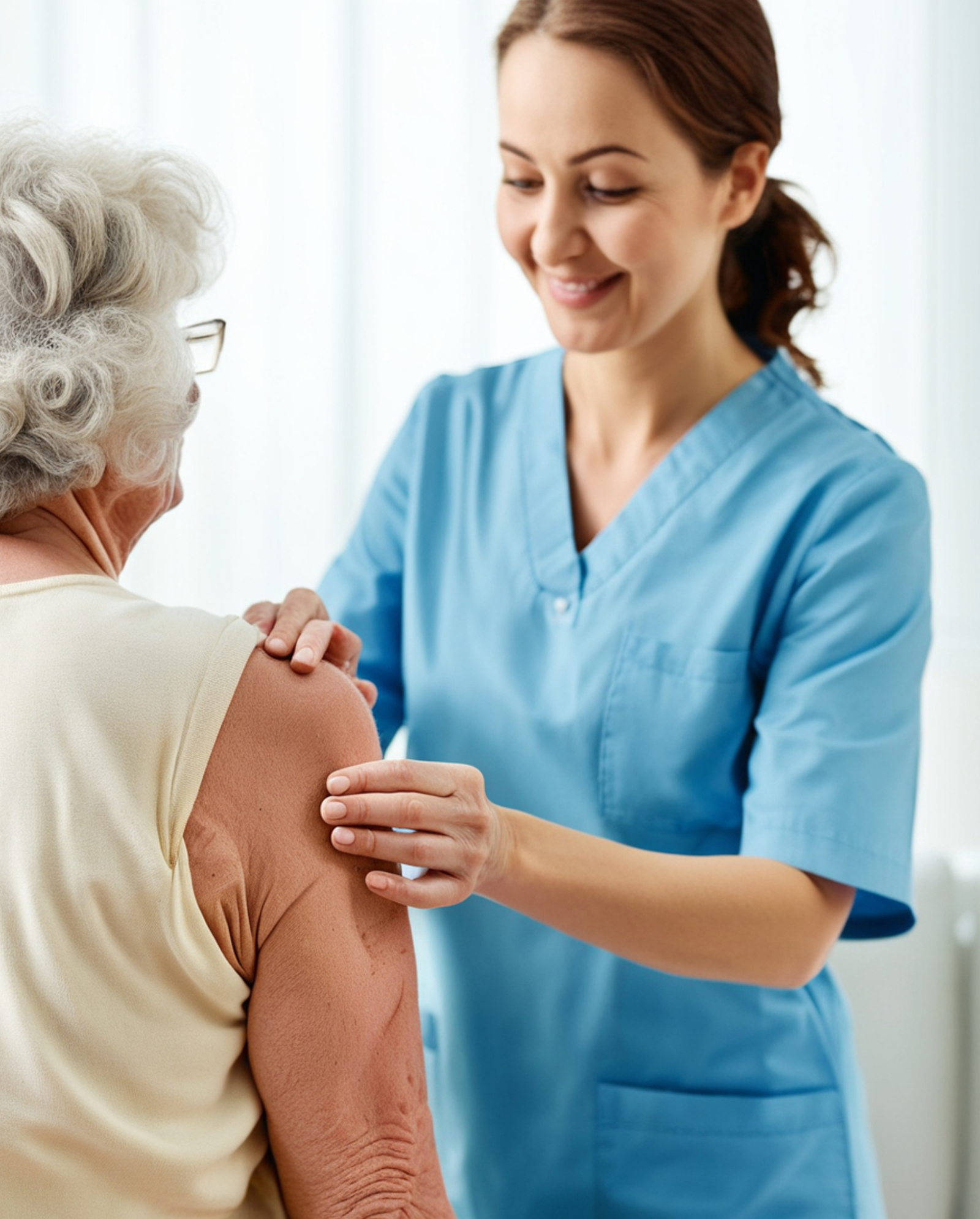 A carer supporting an older patient in a safe care environment following pressure sores advice.