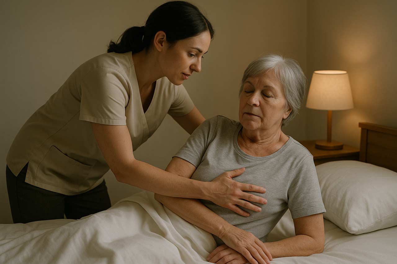 Carer supporting patient with pressure-relieving routine