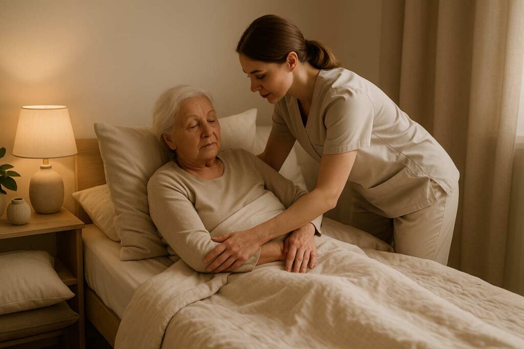 Calm repositioning routine with soft lighting and tidy bedding